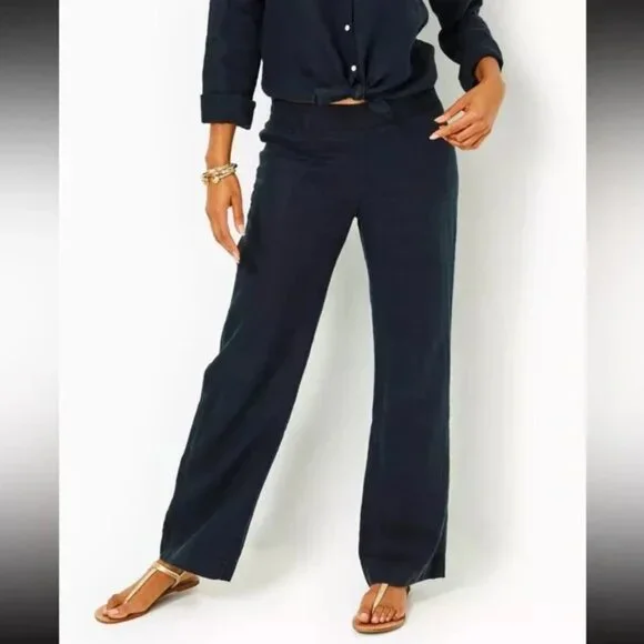 EUC Lilly Pulitzer "Deri" Black Woven Linen Wide-Leg Palazzo Pants Size Small - Picture 2 of 11